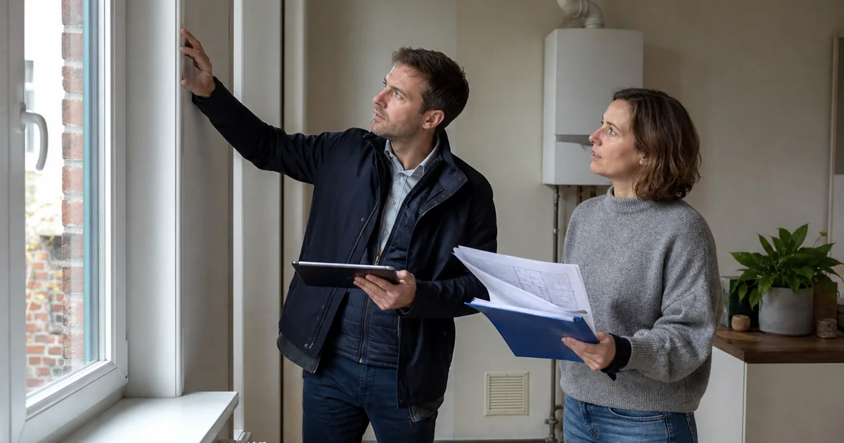 Certificateur PEB agréé inspectant une fenêtre et les documents justificatifs d’un logement en Belgique francophone