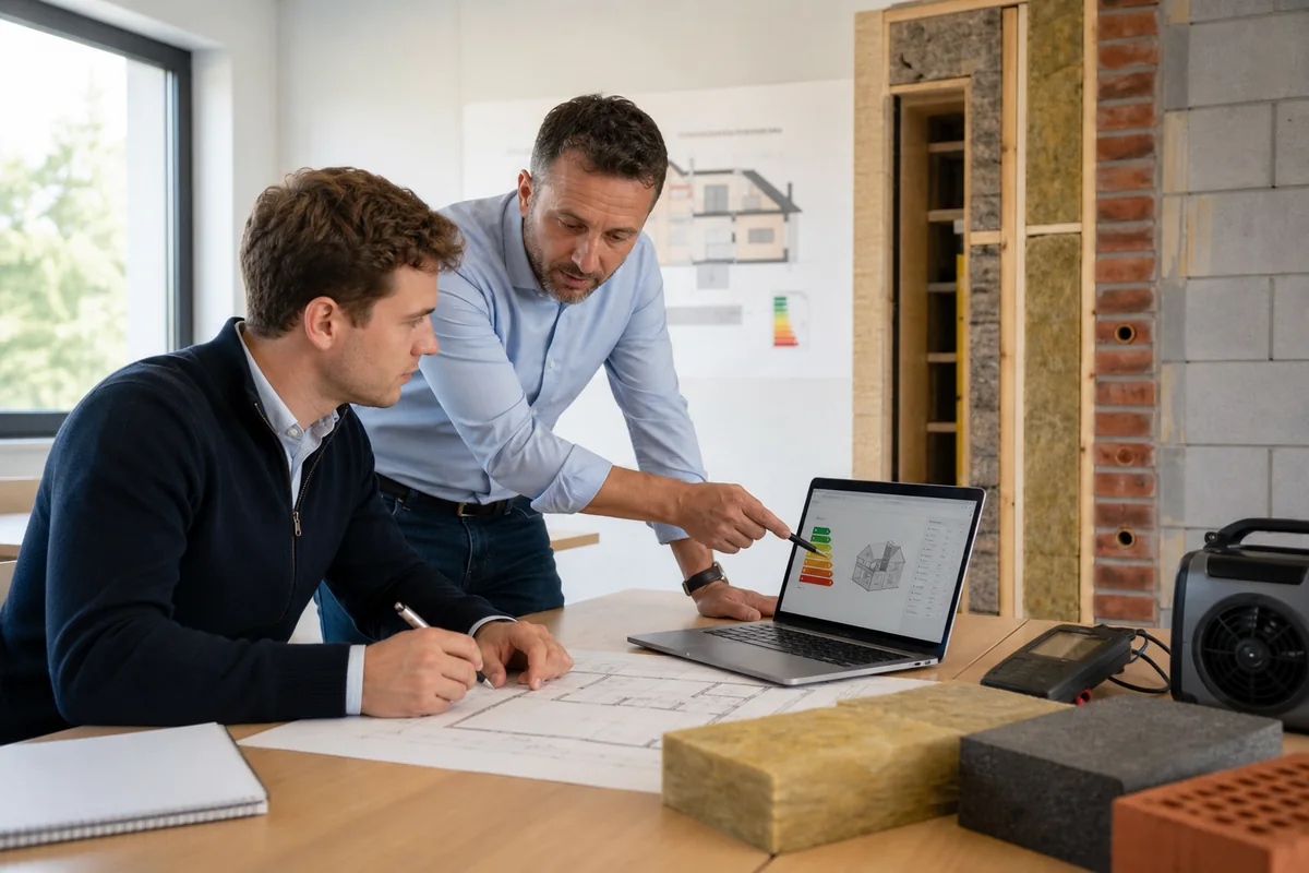 Kandidaat-energiedeskundige leert een EPC-opmeting uitvoeren met bouwplan, isolatiemateriaal en energiesoftware