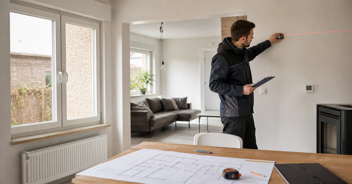 Energiedeskundige meet een Belgische woning op voor de prijsberekening van een EPC-attest