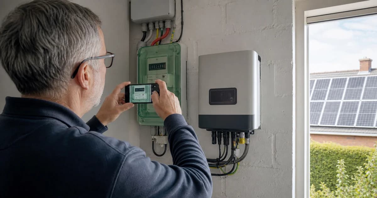 Woningeigenaar fotografeert de productiemeter van een oudere zonnepaneleninstallatie voor groenestroomcertificaten
