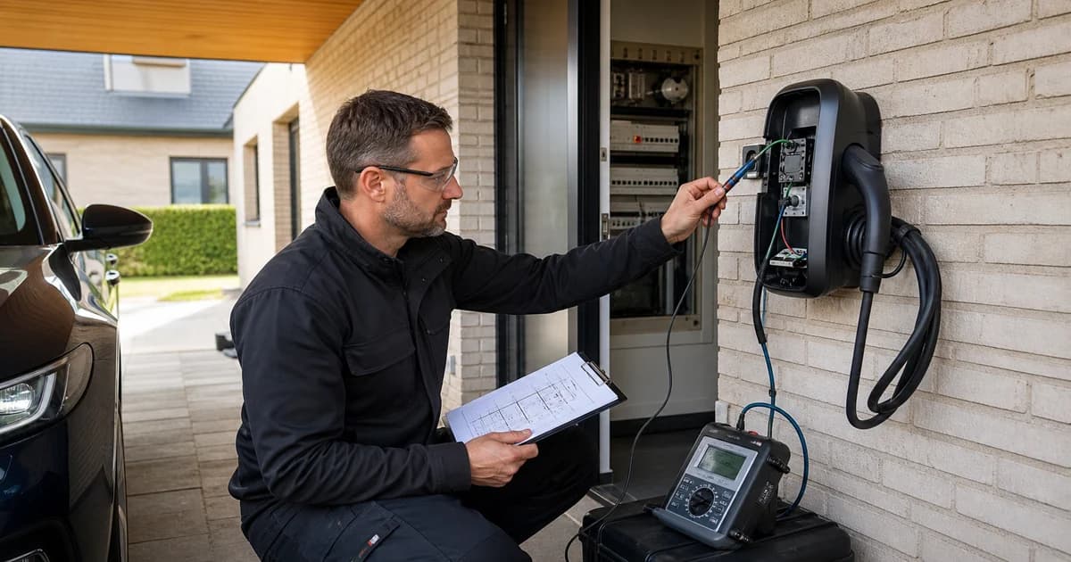 Erkend controleur keurt een laadpaal aan een Belgische woning volgens het AREI