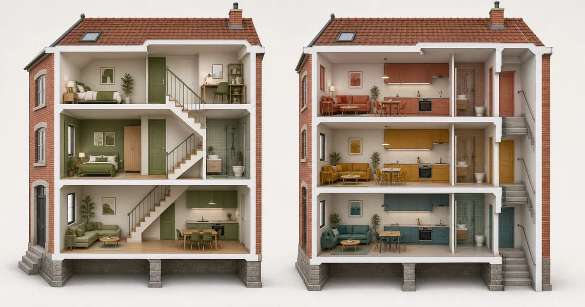 Illustration en coupe : un triplex avec escalier intérieur à gauche et trois appartements indépendants avec cuisines et accès distincts à droite