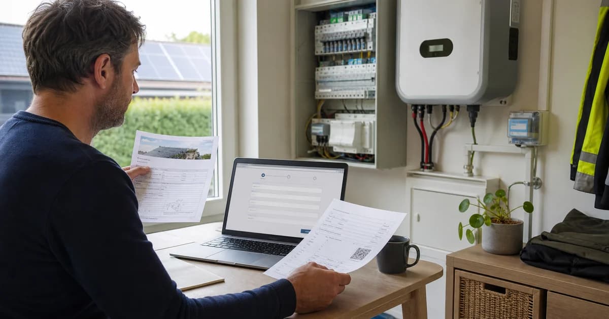 Woningeigenaar bereidt AREI-keuringsverslag, EAN-code en eendraadschema voor om zonnepanelen aan te melden bij Fluvius