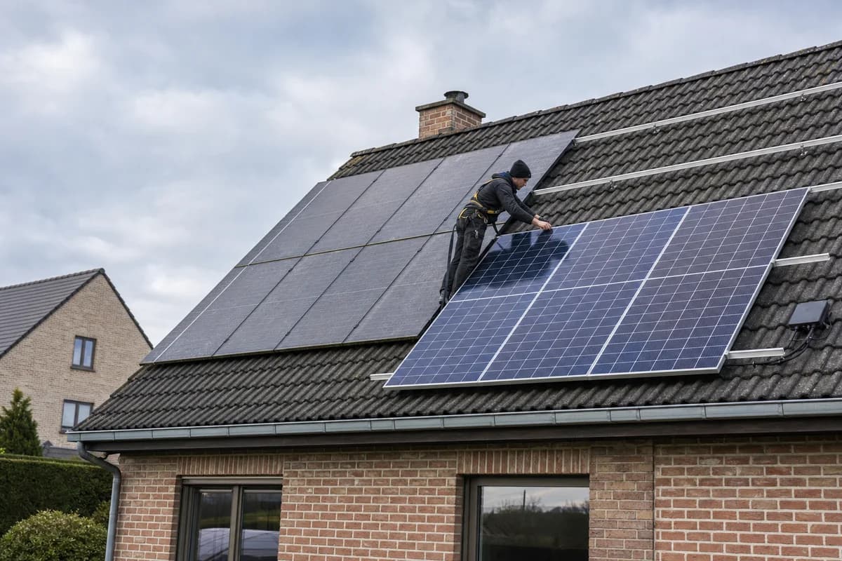 Technicus plaatst extra zonnepanelen naast een bestaande installatie op een Belgisch hellend dak