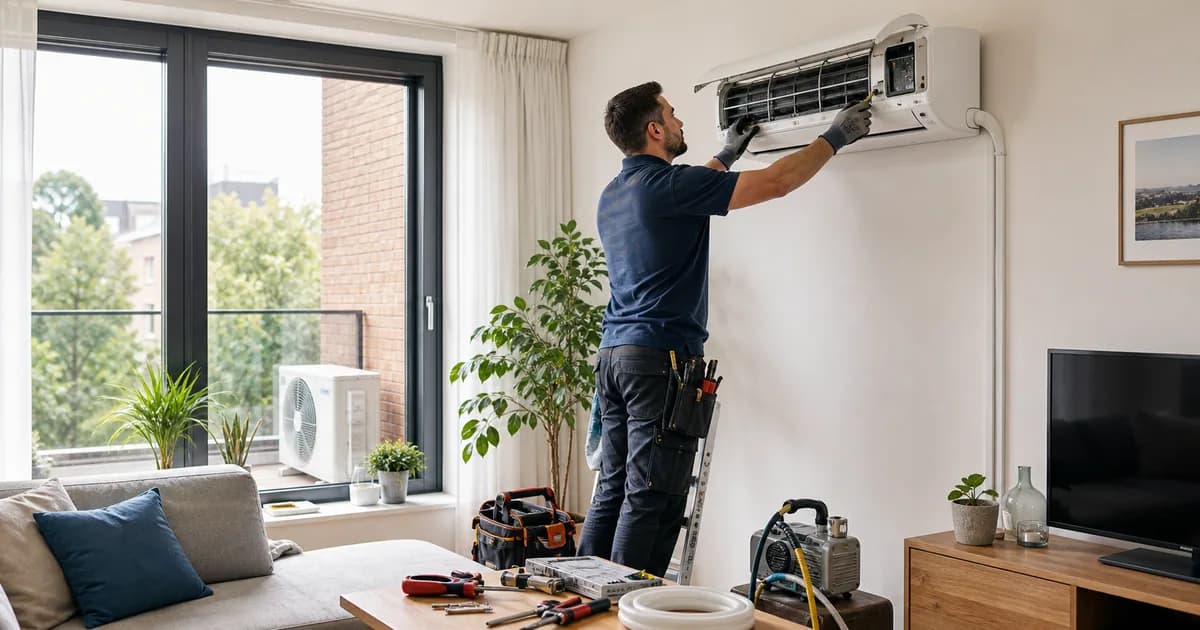 Installateur monteert en controleert een split-airco in een Belgische woonkamer