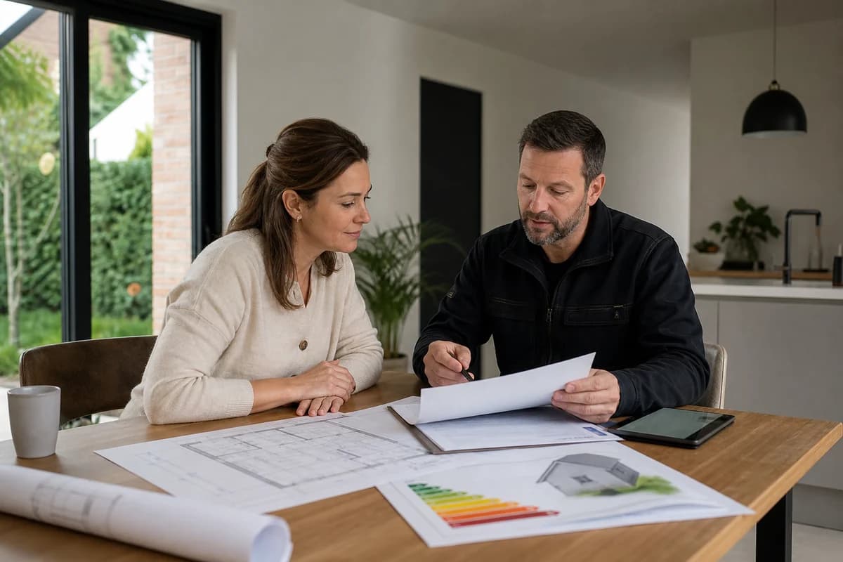 Woningeigenaar en energiepartner bespreken een offerte en voorwaarden voor een energieproject