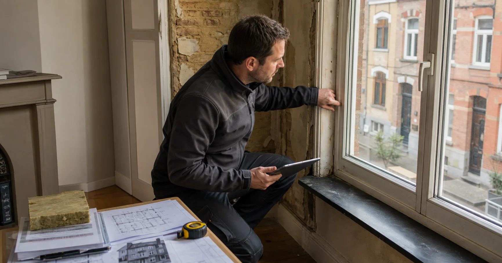 Energiedeskundige controleert raam, bouwschil en bewijsstukken van een rijwoning in Borgerhout voor een EPC-attest