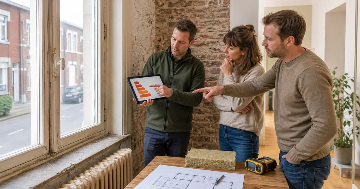 Energiedeskundige bespreekt EPC-label E of F, isolatie en renovatiestappen met kopers in een oudere Vlaamse woning