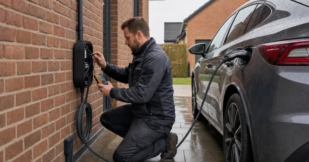 Elektricien controleert een laadpaal naast een elektrische wagen op een Belgische oprit