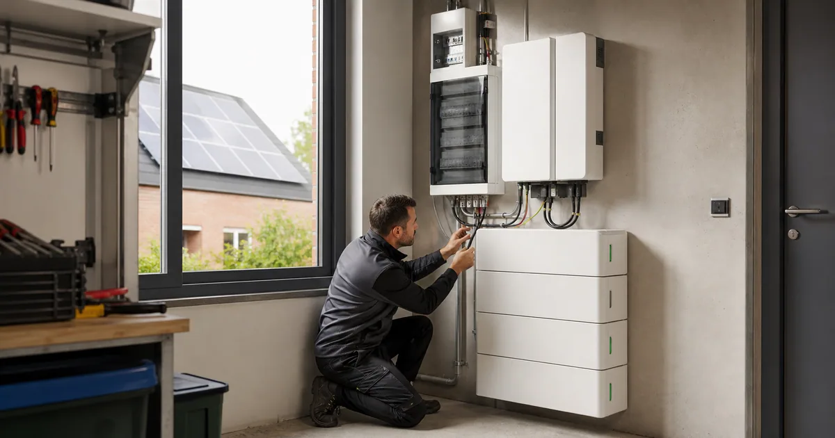 Installateur controleert een modulaire thuisbatterij, omvormer en elektrische aansluiting