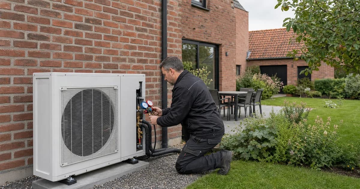 Technicus stelt een lucht-waterwarmtepomp af bij een Belgische woning